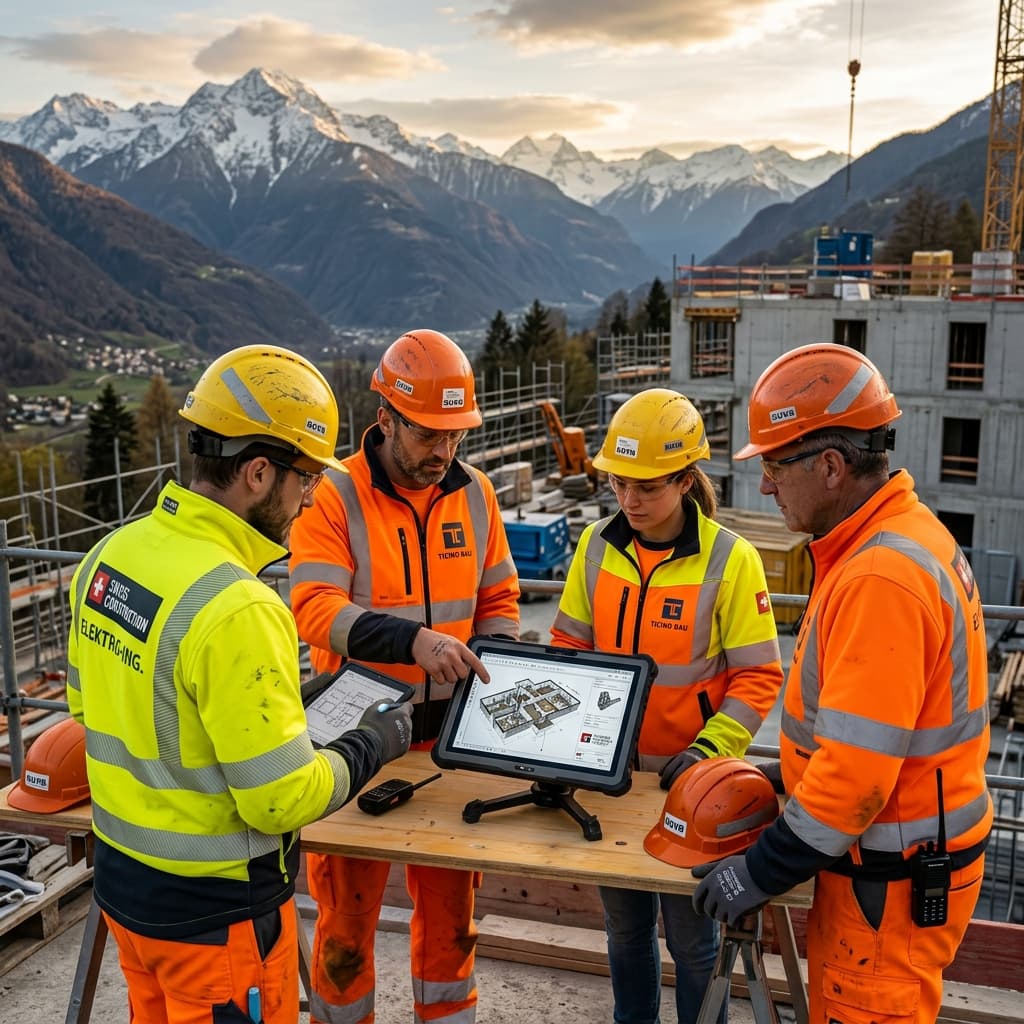 Team di ingegneri e tecnici TF Edilservice al lavoro in un cantiere nel Cantone Ticino
